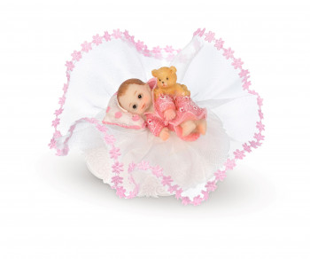 Taufaufsatz Baby mit Bär, rosa, 4-fach sortiert, Polystone