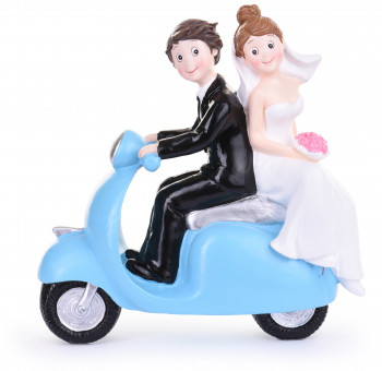 Brautpaar mit blauer Vespa, Polystone, 17cm, 2 Stück