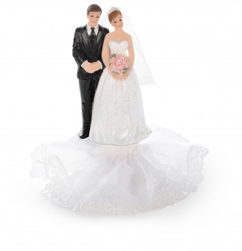 Brautpaar auf Tüllsockel, Tüllschleier mit Blumenstrauß/hinter Buch, Polystone, 14,5cm, 4 Stück