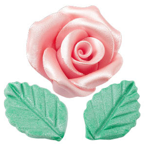Rosen mit Blättern aus modellierbarer Zuckermasse, Perlmutt-Effekt, groß, rosa