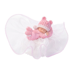 Taufaufsatz Baby schlafend auf Tüllsockel, rosa, Polystone, 10cm, 12 Stück