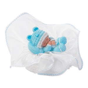 Taufaufsatz Baby schlafend auf Tüllsockel, blau, Polystone, 10cm, 12 Stück