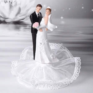 Brautpaar mit Blumenstrauß, auf Tüll, 2-fach sortiert, eine Version mit Tüllschleier, Polystone, 16cm, 4 Stück