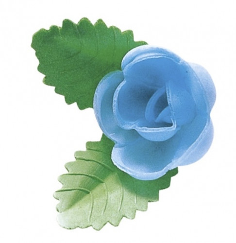 Waffel-Rose mit Blättern, blau, 50mm, 100 Stück