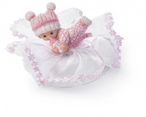 Taufaufsatz Baby spielend auf Tüllsockel, rosa, 2-fach sortiert, Polystone, 10cm, 8 Stück