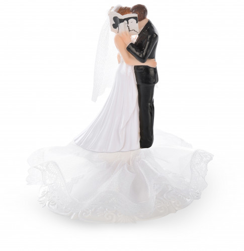 Brautpaar auf Tüllsockel, Tüllschleier mit Blumenstrauß/hinter Buch, Polystone, 14,5cm, 4 Stück